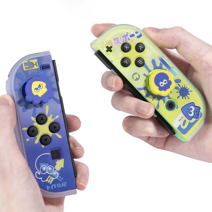 Splatoon 3 Switch OLED Joystick Caps: blue, lime green cartoon squid/octopus-like characters, cartoon, playful, colorful styl