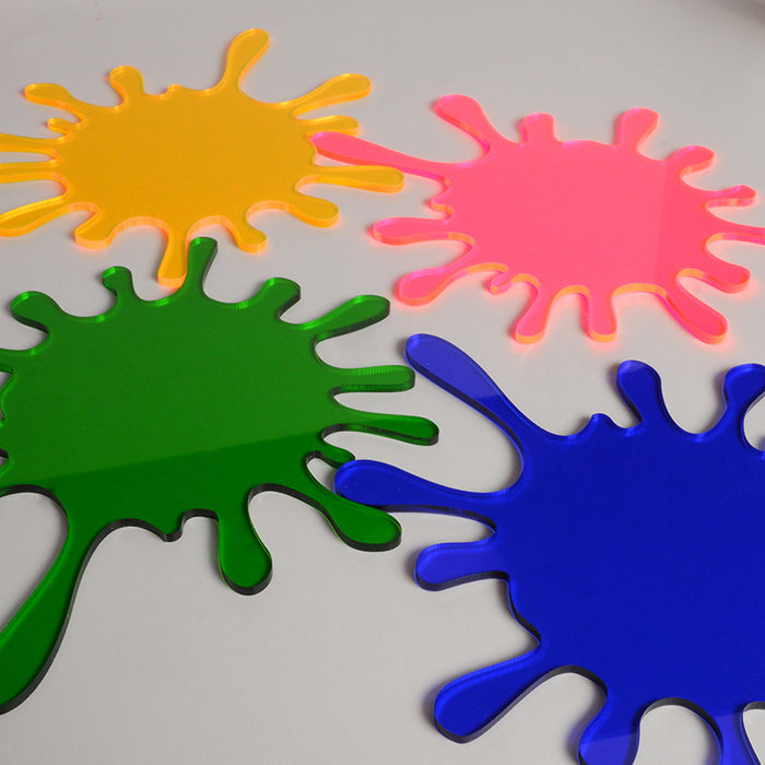 Splatoon Coasters: Stylish, Durable, Playful: blue, yellow splat-shaped decorative objects, cartoon style