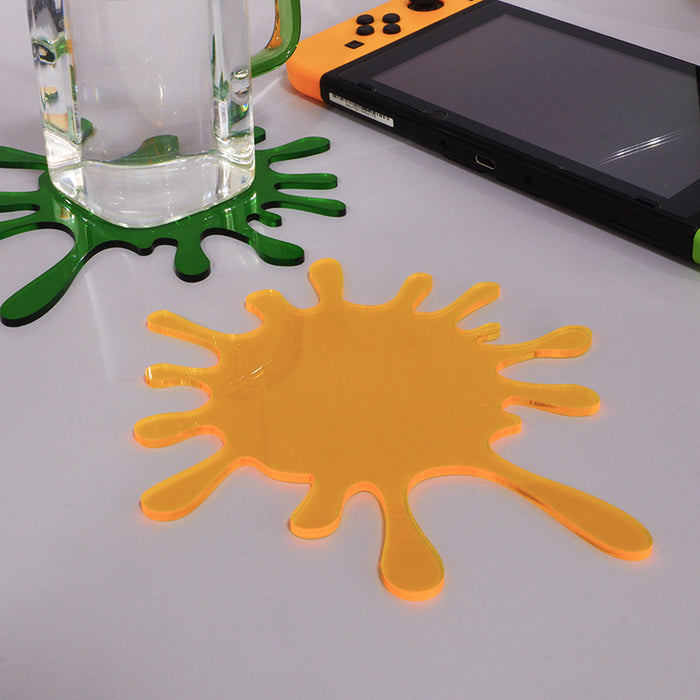 Splatoon Coasters: Stylish, Durable, Playful: blue, yellow splat-shaped decorative objects, cartoon style