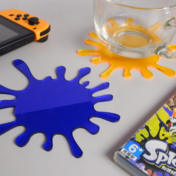 Splatoon Coasters: Stylish, Durable, Playful: blue, yellow splat-shaped decorative objects, cartoon style
