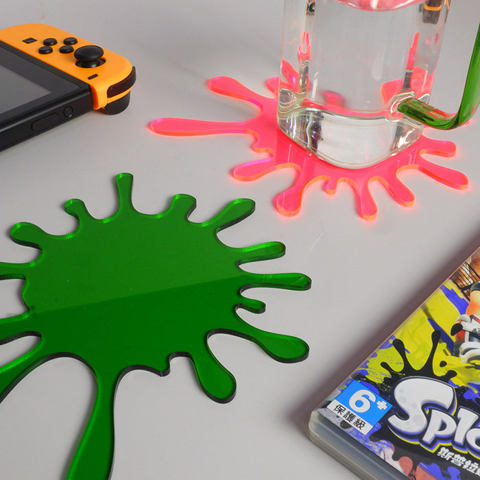 Splatoon Coasters: Stylish, Durable, Playful: blue, yellow splat-shaped decorative objects, cartoon style