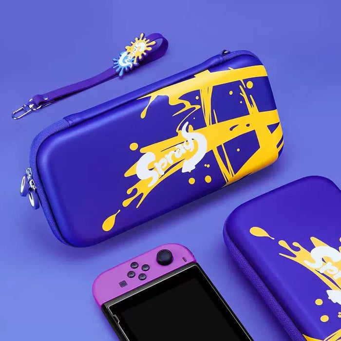 Splatoon Switch Carrying Case, Compact, Roomy, Gift-worthy: purple, yellow zippered carrying case with wrist strap, bold grap