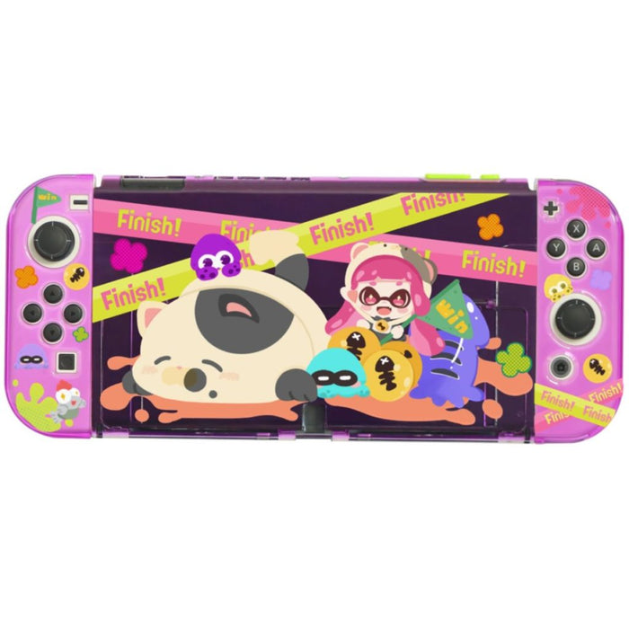 Splatoon-themed Switch OLED Case with Joy-Con Covers: purple, pink cartoon animal and character theme, kawaii cartoon style