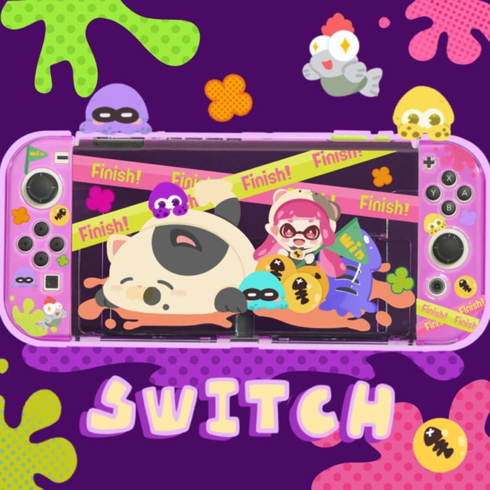Splatoon-themed Switch OLED Case with Joy-Con Covers: purple, pink cartoon animal and character theme, kawaii cartoon style