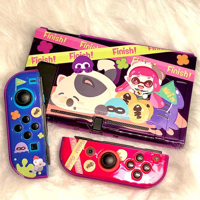 Splatoon-themed Switch OLED Case with Joy-Con Covers: purple, pink cartoon animal and character theme, kawaii cartoon style