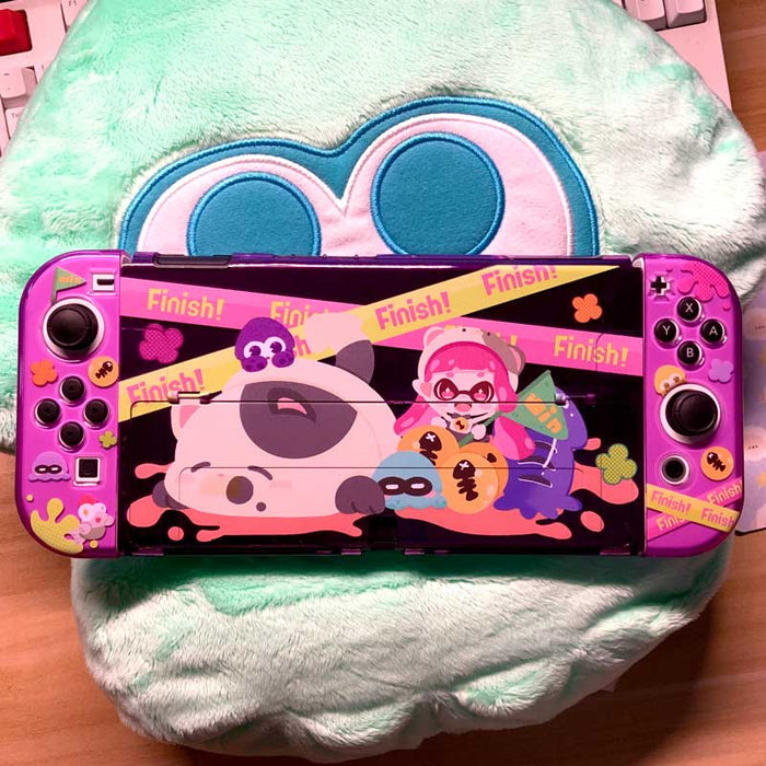 Splatoon-themed Switch OLED Case with Joy-Con Covers: purple, pink cartoon animal and character theme, kawaii cartoon style