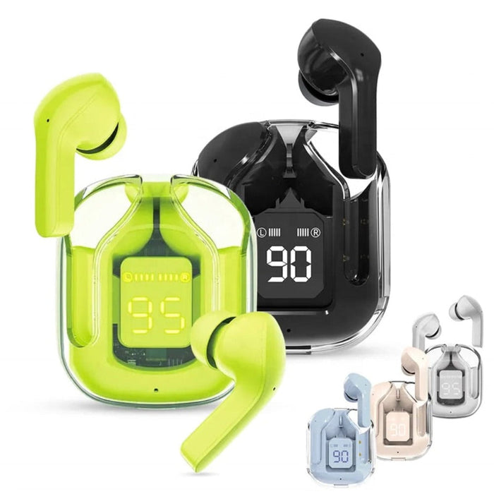 Sports Dragon 6 Wireless Earphones: neon green, black wireless earbuds with charging case, futuristic style