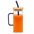 Square Glass Tumbler with Leak-Proof Cover and Eco-Friendly Straw, 400ml Capacity Purple