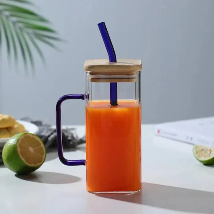 Square Glass Tumbler with Leak-Proof Cover and Eco-Friendly Straw, 400ml Capacity: clear, orange handled drinking glass with