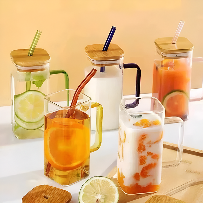 Square Glass Tumbler with Leak-Proof Cover and Eco-Friendly Straw, 400ml Capacity: clear, orange handled drinking glass with