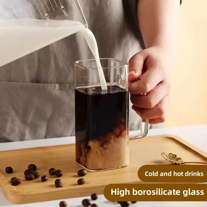 Square Glass Tumbler with Leak-Proof Cover and Eco-Friendly Straw, 400ml Capacity: clear, orange handled drinking glass with