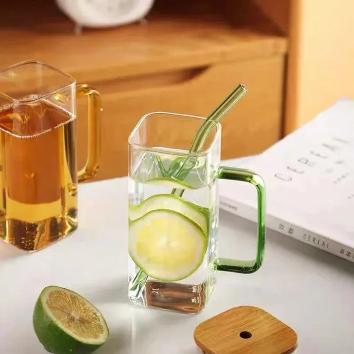 Square Glass Tumbler with Leak-Proof Cover and Eco-Friendly Straw, 400ml Capacity: clear, orange handled drinking glass with
