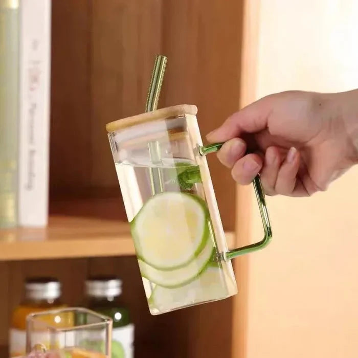 Square Glass Tumbler with Leak-Proof Cover and Eco-Friendly Straw, 400ml Capacity: clear, orange handled drinking glass with