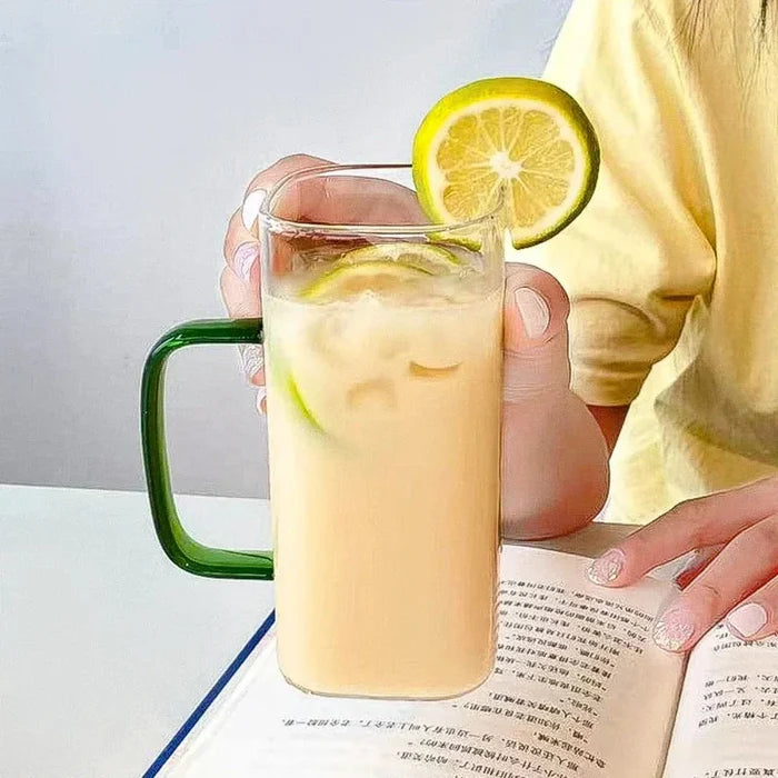 Square Glass Tumbler with Leak-Proof Cover and Eco-Friendly Straw, 400ml Capacity: clear, orange handled drinking glass with