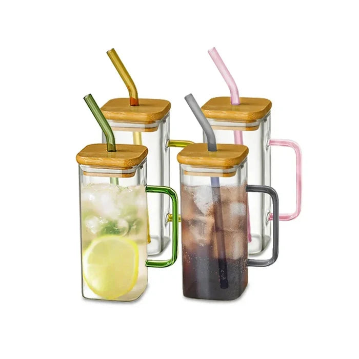 Square Glass Tumbler with Leak-Proof Cover and Eco-Friendly Straw, 400ml Capacity: clear, orange handled drinking glass with