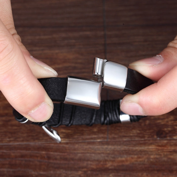 Square Knot Buckle Vegan Leather Wristband: black, blue bracelet, modern rugged style