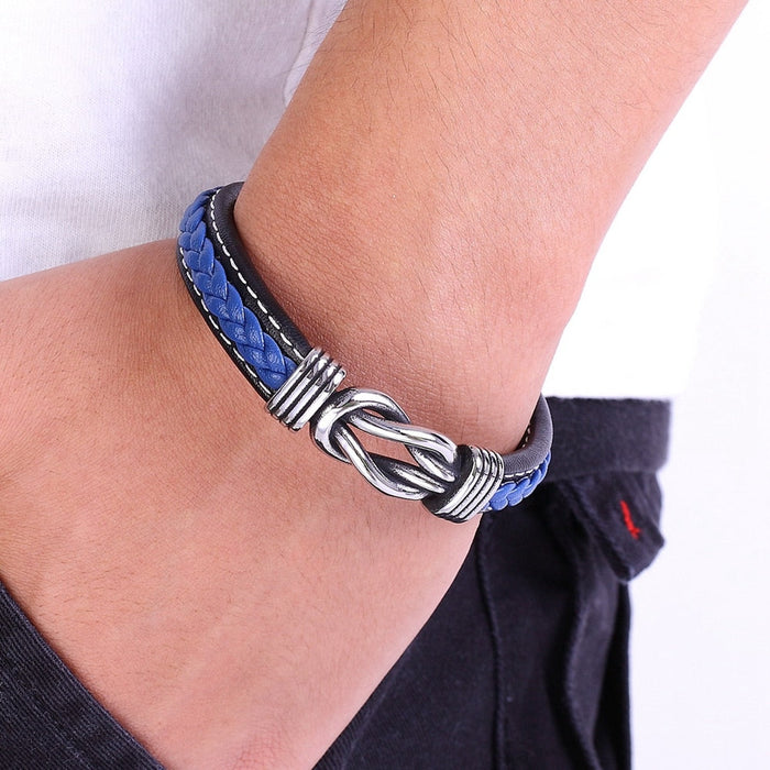 Square Knot Buckle Vegan Leather Wristband: black, blue bracelet, modern rugged style