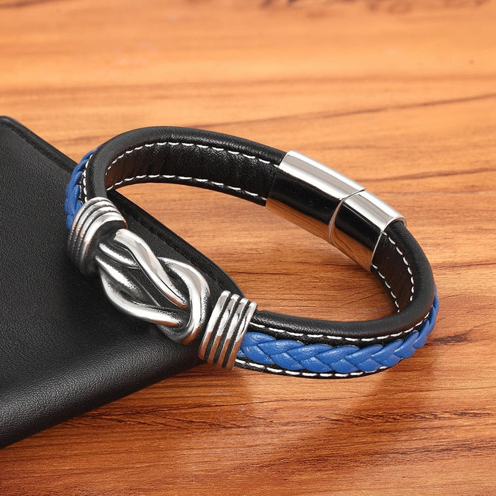 Square Knot Buckle Vegan Leather Wristband: black, blue bracelet, modern rugged style