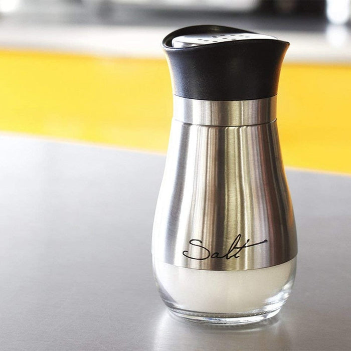 Stainless Steel and Glass Salt and Pepper Set, 4oz Capacity, Non-Toxic: silver, black salt shaker, minimal modern style