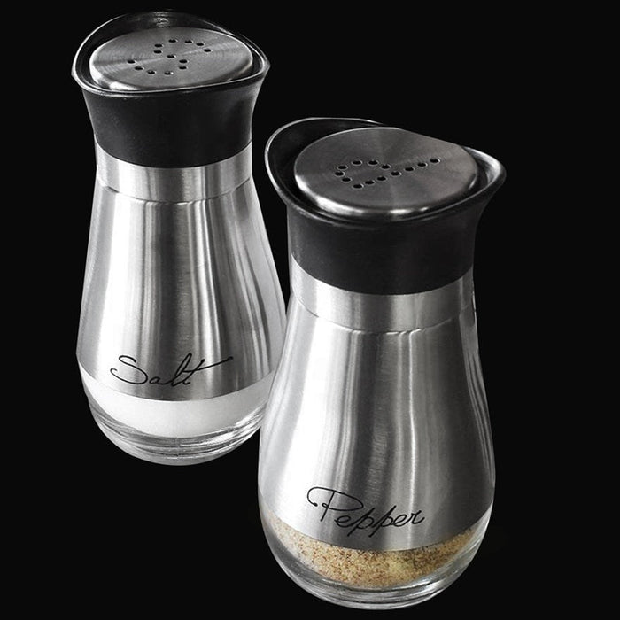 Stainless Steel and Glass Salt and Pepper Set, 4oz Capacity, Non-Toxic: silver, black salt shaker, minimal modern style