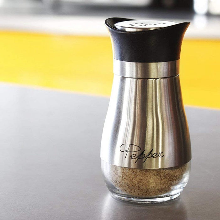 Stainless Steel and Glass Salt and Pepper Set, 4oz Capacity, Non-Toxic: silver, black salt shaker, minimal modern style