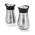 Stainless Steel and Glass Salt and Pepper Set, 4oz Capacity, Non-Toxic: silver, black salt shaker, minimal modern style