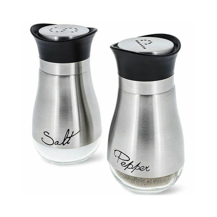 Stainless Steel and Glass Salt and Pepper Set, 4oz Capacity, Non-Toxic: silver, black salt shaker, minimal modern style