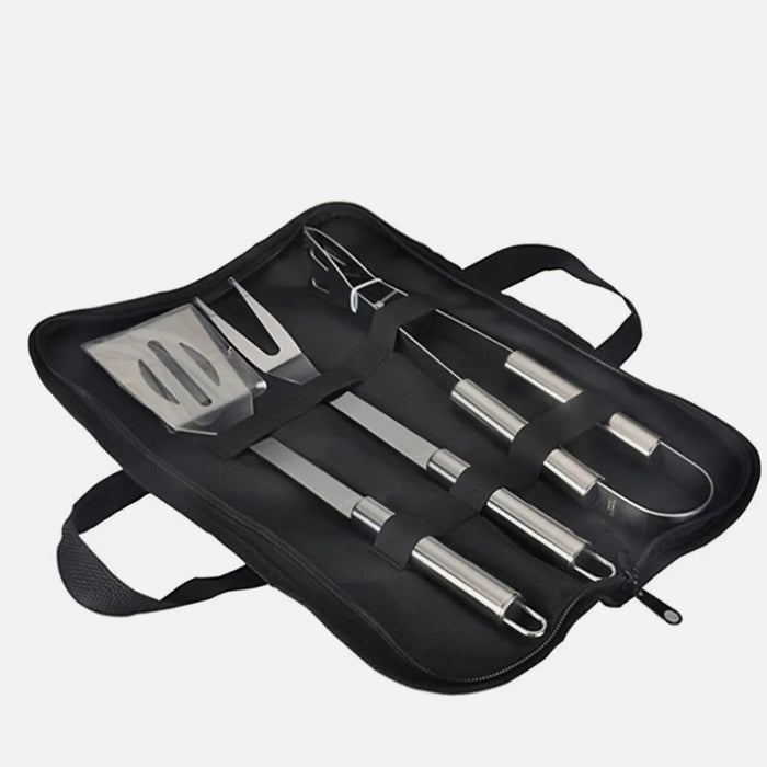 Stainless Steel BBQ Utensil Set, 3 Piece: black, silver portable barbecue/grill utensil set in zippered carrying case, minima