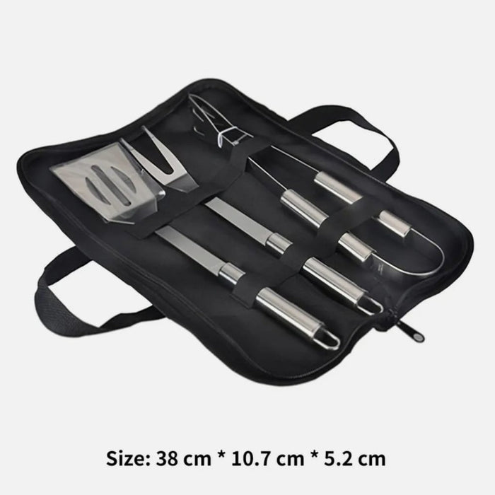 Stainless Steel BBQ Utensil Set, 3 Piece: black, silver portable barbecue/grill utensil set in zippered carrying case, minima
