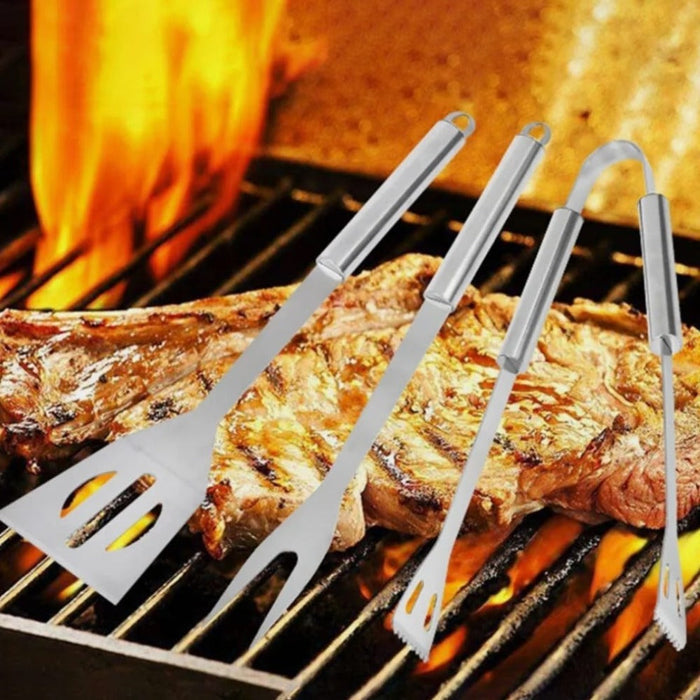 Stainless Steel BBQ Utensil Set, 3 Piece: black, silver portable barbecue/grill utensil set in zippered carrying case, minima