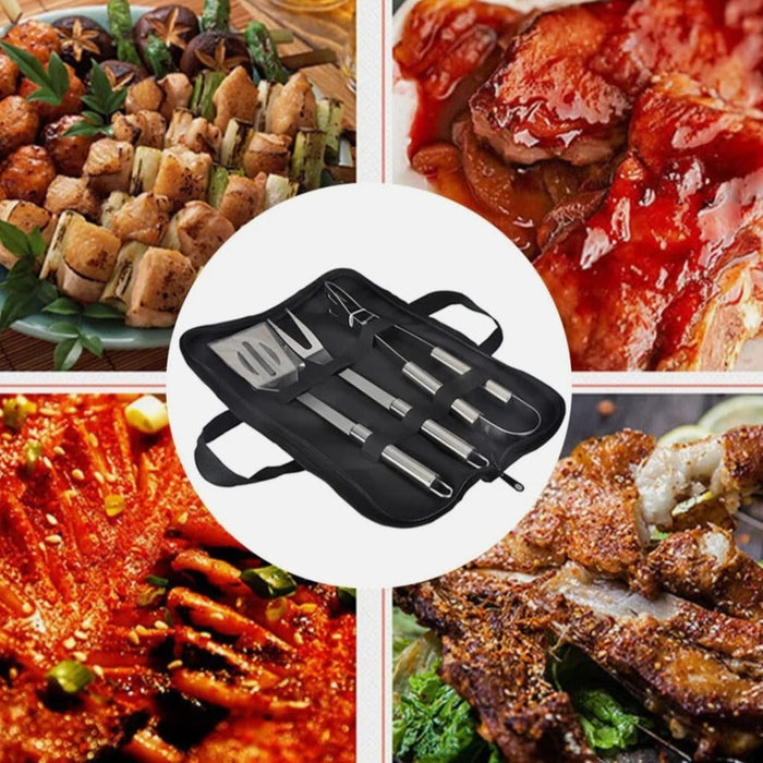 Stainless Steel BBQ Utensil Set, 3 Piece: black, silver portable barbecue/grill utensil set in zippered carrying case, minima
