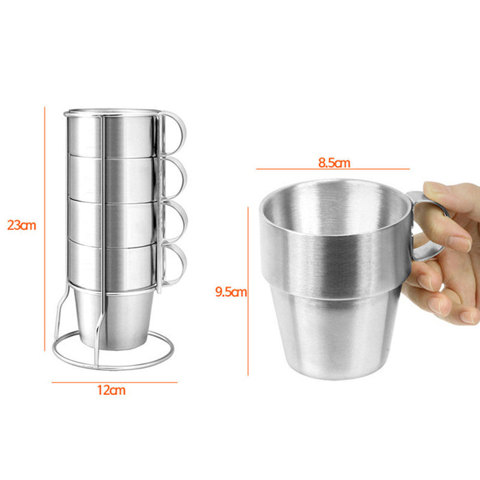 Stainless Steel Double Layer Coffee Mugs, Set of 4: silver, metallic gray stainless steel cup set with wire holder, minimal s