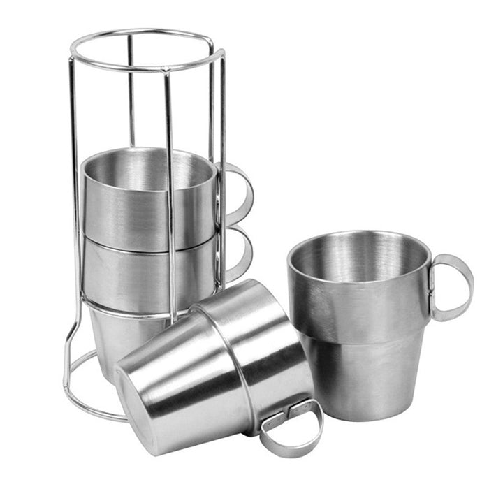 Stainless Steel Double Layer Coffee Mugs, Set of 4: silver, metallic gray stainless steel cup set with wire holder, minimal s