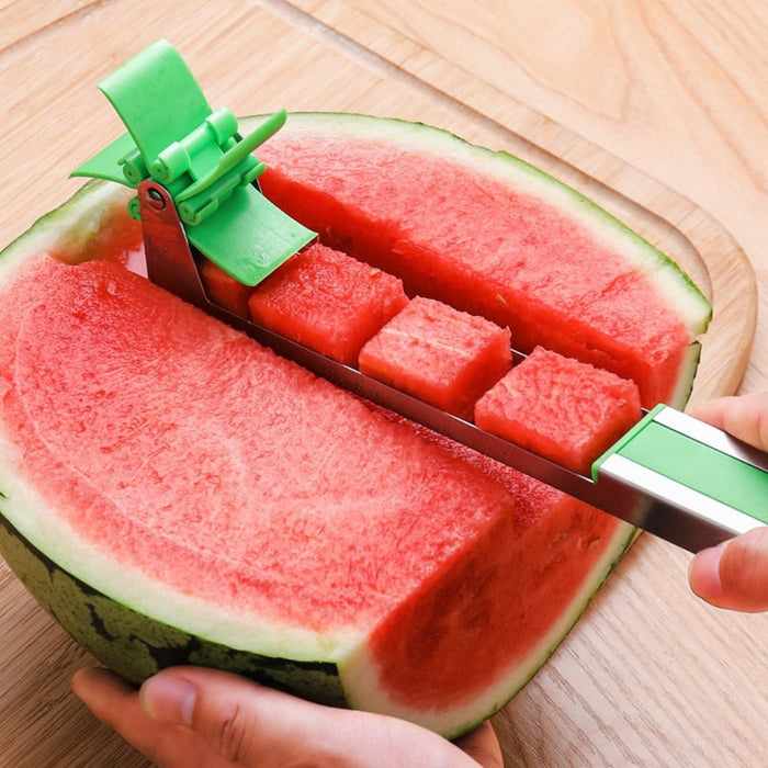 Stainless Steel Melon Slicer: green, silver watermelon, functional kitchen utensil style