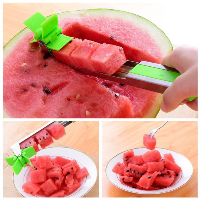 Stainless Steel Melon Slicer: green, silver watermelon, functional kitchen utensil style