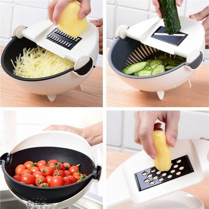 Stainless Steel Vegetable Slicer with Multi-Functional Draining Basket: white, black manual food prep bowl with interchangeab