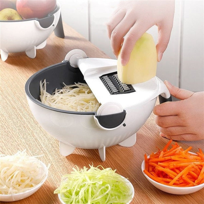 Stainless Steel Vegetable Slicer with Multi-Functional Draining Basket: white, black manual food prep bowl with interchangeab