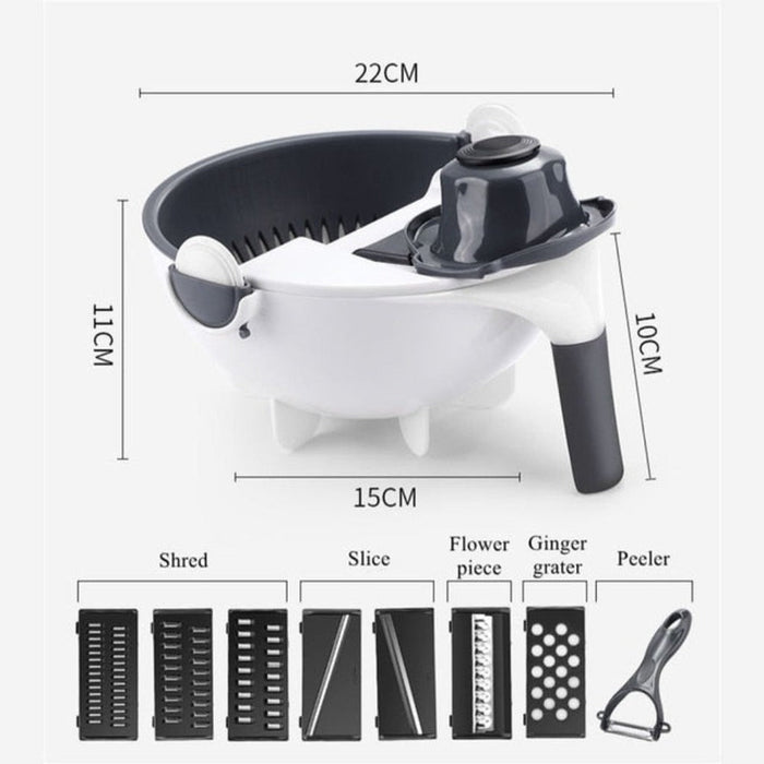 Stainless Steel Vegetable Slicer with Multi-Functional Draining Basket: white, black manual food prep bowl with interchangeab