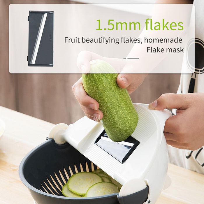 Stainless Steel Vegetable Slicer with Multi-Functional Draining Basket: white, black manual food prep bowl with interchangeab
