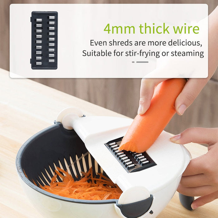 Stainless Steel Vegetable Slicer with Multi-Functional Draining Basket: white, black manual food prep bowl with interchangeab