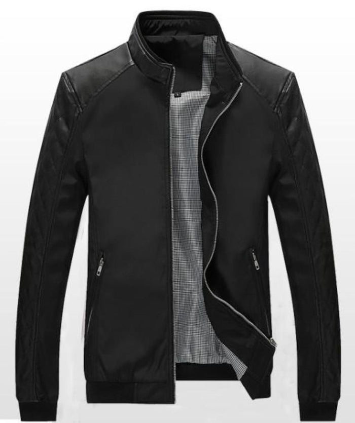 Stand Collar Bomber Motorcycle Jacket for Men: black, gray jacket, minimal modern style
