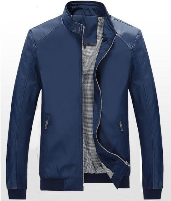 Stand Collar Bomber Motorcycle Jacket for Men: black, gray jacket, minimal modern style