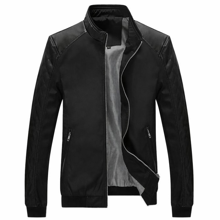 Stand Collar Bomber Motorcycle Jacket for Men Black