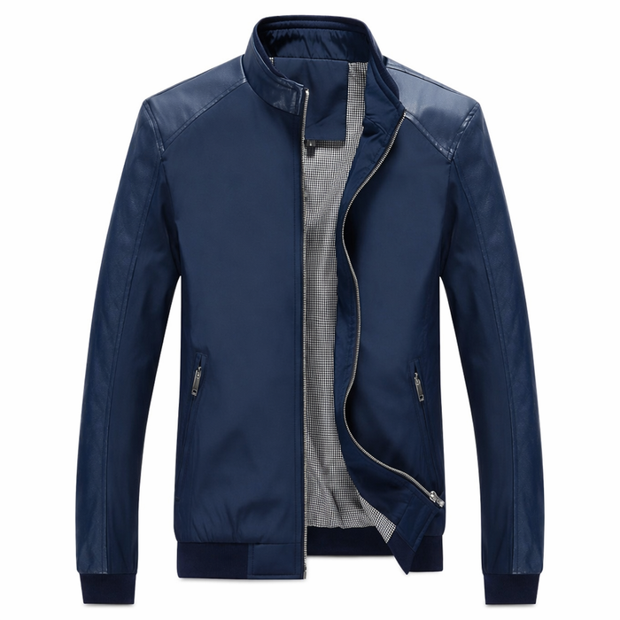 Stand Collar Bomber Motorcycle Jacket for Men Blue