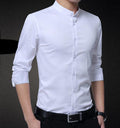 Stand Collar Men's Shirt: white long-sleeve button-up shirt, minimal style