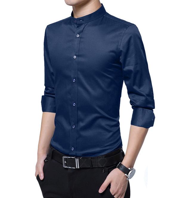 Stand Collar Men's Shirt: white long-sleeve button-up shirt, minimal style