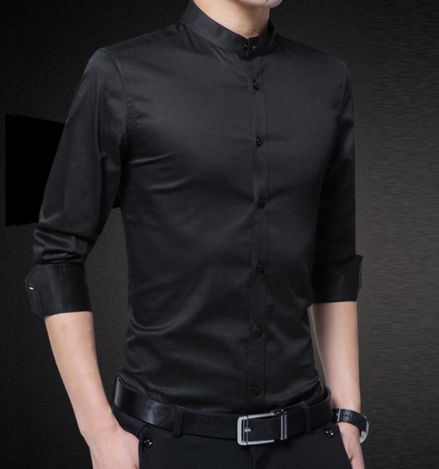 Stand Collar Men's Shirt: white long-sleeve button-up shirt, minimal style