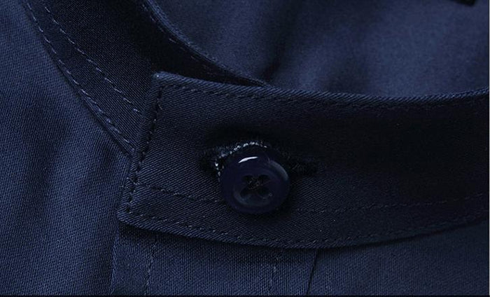 Stand Collar Men's Shirt: white long-sleeve button-up shirt, minimal style