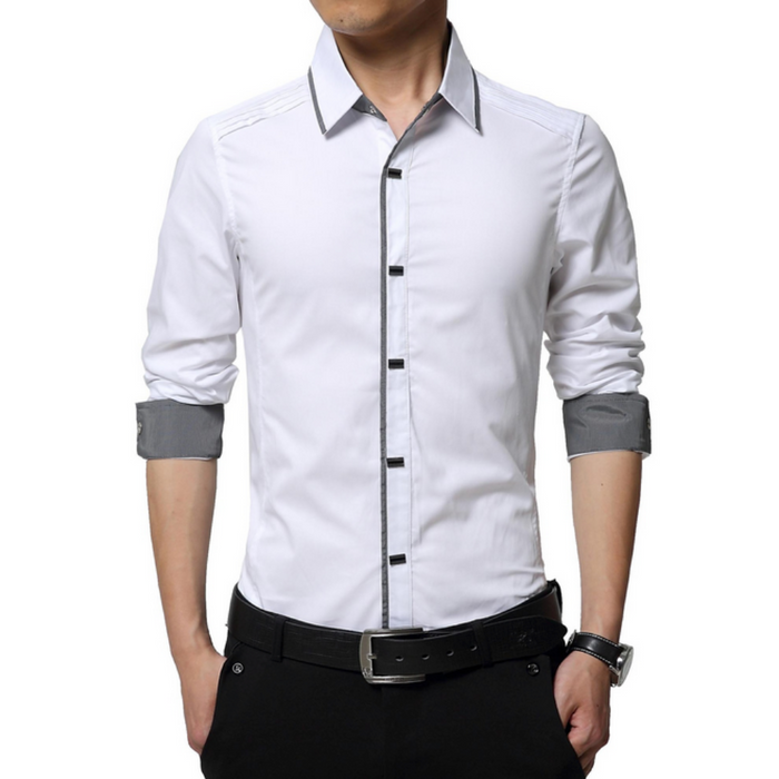 Standard Men's Shirt with Snap Buttons: white, gray button-up dress shirt, modern formal style