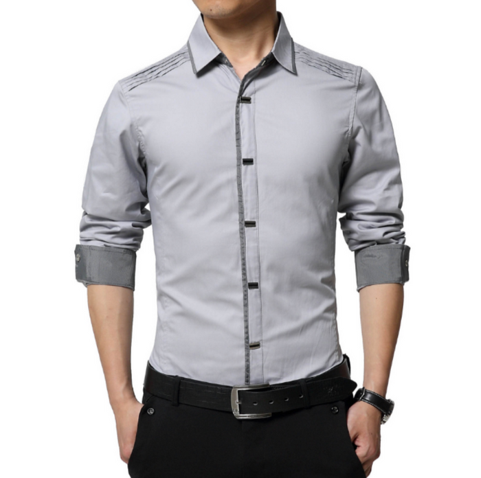 Standard Men's Shirt with Snap Buttons: white, gray button-up dress shirt, modern formal style